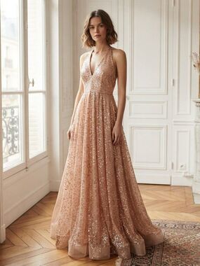 NWT Goddiva Gold Sequin Halter Formal Gown | Size 4